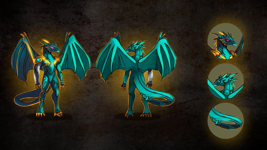 anthro armor cybernetics front_view glowing_outline gold_accessory grin machine male rear_view smile solo tail wings linziwoodward mythology animal_humanoid cyborg dragon humanoid mythological_creature mythological_scalie scalie scalie_humanoid 16:9 hi_res model_sheet widescreen