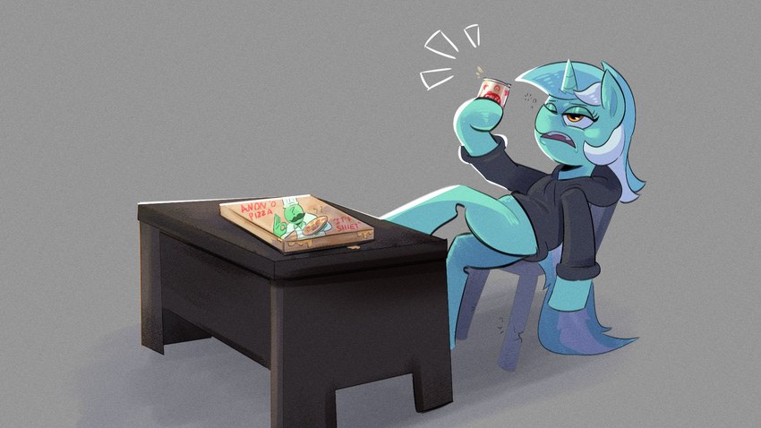 beverage_can chair clothing container female furniture grey_background hoodie horn pizza_box simple_background solo table topwear another_pony_(artist) comedy_central friendship_is_magic futurama hasbro my_little_pony mythology lyra_heartstrings_(mlp) equid equine horse mammal mythological_creature mythological_equine pony unicorn 16:9 hi_res widescreen