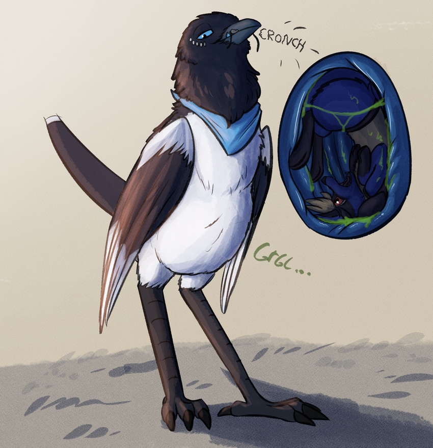 4_toes abdominal_bulge ambiguous_gender anisodactyl anthro anthro_prey avian_feet avian_pred beak beak_lick belly biped black_body black_claws black_eyebrows black_eyes black_feathers black_feet blue_belly blue_body blue_fur blue_insides blue_kerchief blue_neckerchief blue_sclera blue_tongue bodily_fluids bodily_noises claws compression_sound_effect crunch crush crushing_sound_effect cutaway derived_sound_effect different_sound_effects digestion digitigrade duo extreme_size_difference eyebrows eyewear fatal_vore feathered_wings feathers featureless_crotch feet feral feral_pred front_view fully_inside fur glasses grey_beak imminent_death inside_stomach internal kerchief kerchief_only larger_feral licking licking_lips licking_own_beak licking_own_lips mostly_nude narrowed_eyes neckerchief neckerchief_only neckwear onomatopoeia oral_crush oral_vore organs rumbling_stomach scared scutes self_lick shortened_sound_effect simple_background size_difference smaller_anthro soft_vore sound_effect_variant sound_effects standing stomach stomach_acid tail tail_feathers text toe_claws toes tongue tongue_out vore vowelless vowelless_sound_effect white_body white_feathers wings magpie_magnetism nintendo pokemon fang_(magpie_magnetism) leo_(leocario) avian bird corvid generation_4_pokemon lucario magpie_(corvid) oscine passerine pokemon_(species) 2020 digital_media_(artwork) hi_res shaded