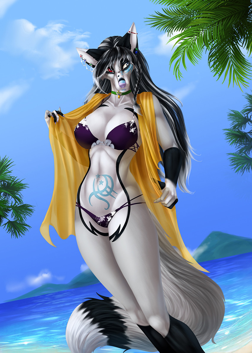 5_fingers anthro bikini black_hair breasts clothing collar day detailed_background ear_piercing female fingers hair heterochromia industrial_piercing midriff navel outside piercing seaside sky slim solo standing swimwear tail two-piece_swimsuit water white_body elvofirida michka_kulestis canid canine mammal 2020 digital_media_(artwork) hi_res