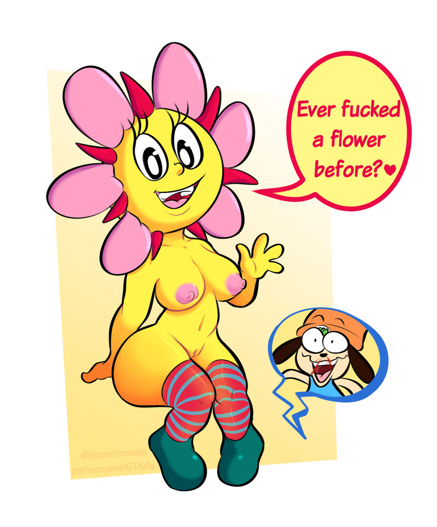 ambiguous_gender blood bodily_fluids breasts clothing dialogue duo female female_focus flower footwear genitals legwear mostly_nude nipples nosebleed not_furry_focus plant profanity pussy shoes sitting socks solo_focus text thigh_highs thigh_socks toony wide_hips yellow_body yellow_skin gametimeasia parappa_the_rapper sony_corporation sony_interactive_entertainment parappa sunny_funny canid canine canis domestic_dog elemental_creature elemental_humanoid flora_fauna flower_creature flower_humanoid humanoid mammal plant_humanoid 2020 english_text full-length_portrait hi_res portrait