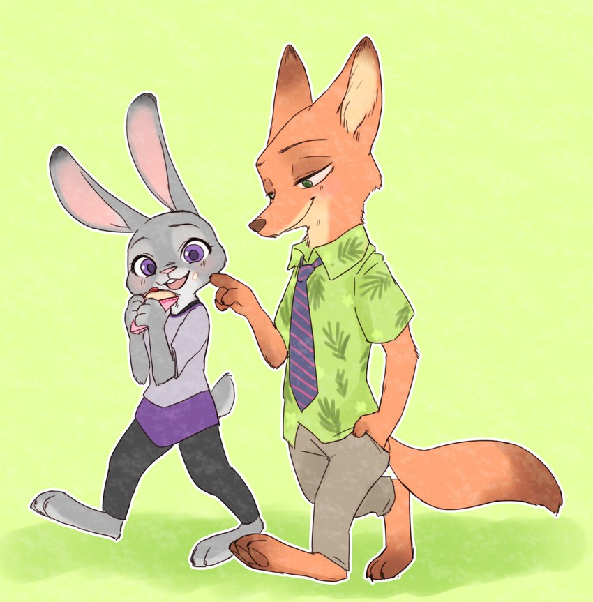 anthro barefoot bottomwear clothing duo feet female food fur green_background green_eyes grey_body grey_fur holding_food holding_object male necktie open_mouth open_smile orange_body orange_fur pants purple_eyes shirt simple_background smile topwear walking chu_twst disney zootopia judy_hopps nick_wilde canid canine fox lagomorph leporid mammal rabbit red_fox true_fox 2021 hi_res