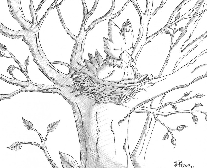 beak bird_nest eyes_closed feathers female feral leaf nest nude plant sitting sleeping solo tree jimfoxx bandai_namco digimon avian bird biyomon digimon_(species) 2019 monochrome signature