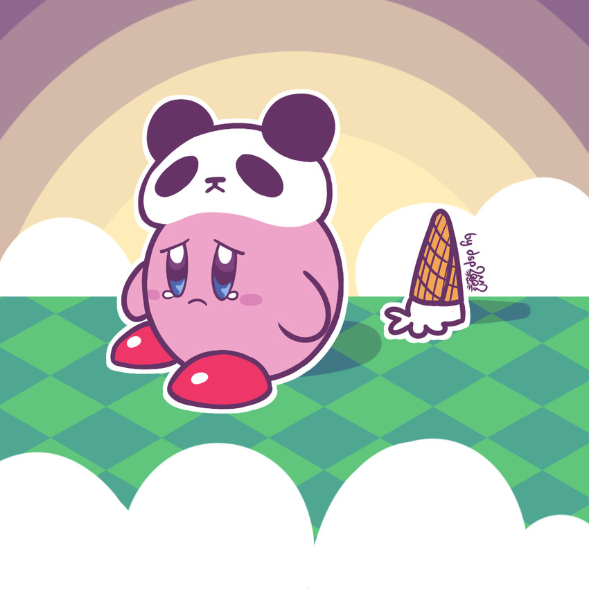 ambiguous_gender bodily_fluids dessert food frown ice_cream ice_cream_cone panda_hat parody sad sitting_on_grass solo tears dsp2003 kirby_(series) nintendo kirby sad_panda 1:1 2021