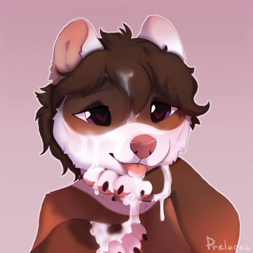 ambiguous_gender anthro bodily_fluids brown_body brown_fur brown_hair cum cum_in_mouth cum_inside cum_on_face cum_on_paw cum_on_pawpads fur genital_fluids hair leaking_cum pink_nose pink_tongue purple_eyes smile solo tongue tongue_out white_body white_fur prelares dookrick domestic_ferret mammal mustelid musteline true_musteline weasel 1:1 hi_res