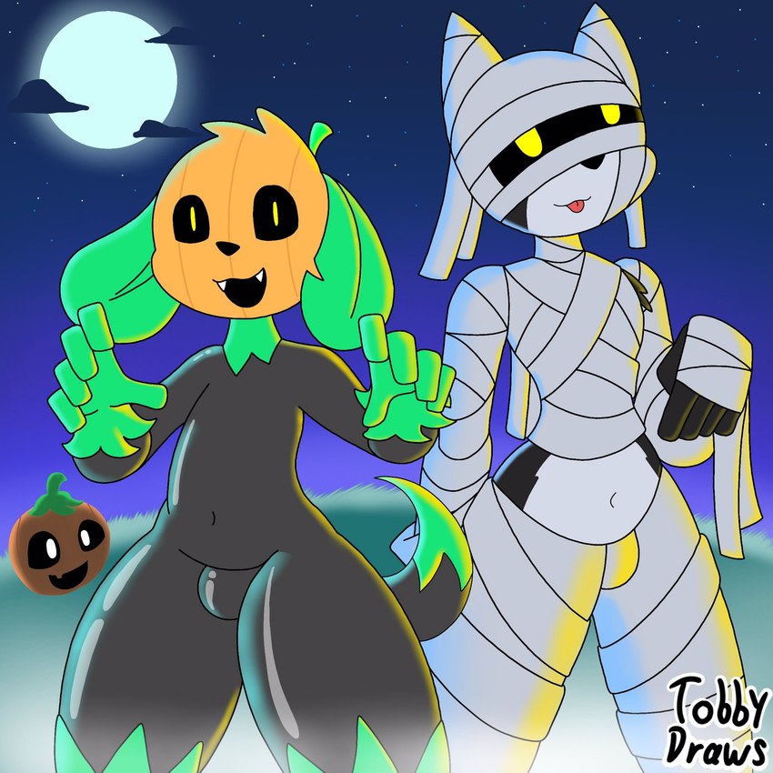 anthro duo feliz food fruit holidays male male/male mummy_costume mummy_wrappings night nude plant pumpkin wide_hips tobydraws4 halloween felix_(tobydraws4) tobby_(tobydraws4) canid canine canis domestic_cat domestic_dog felid feline felis mammal 1:1 hi_res