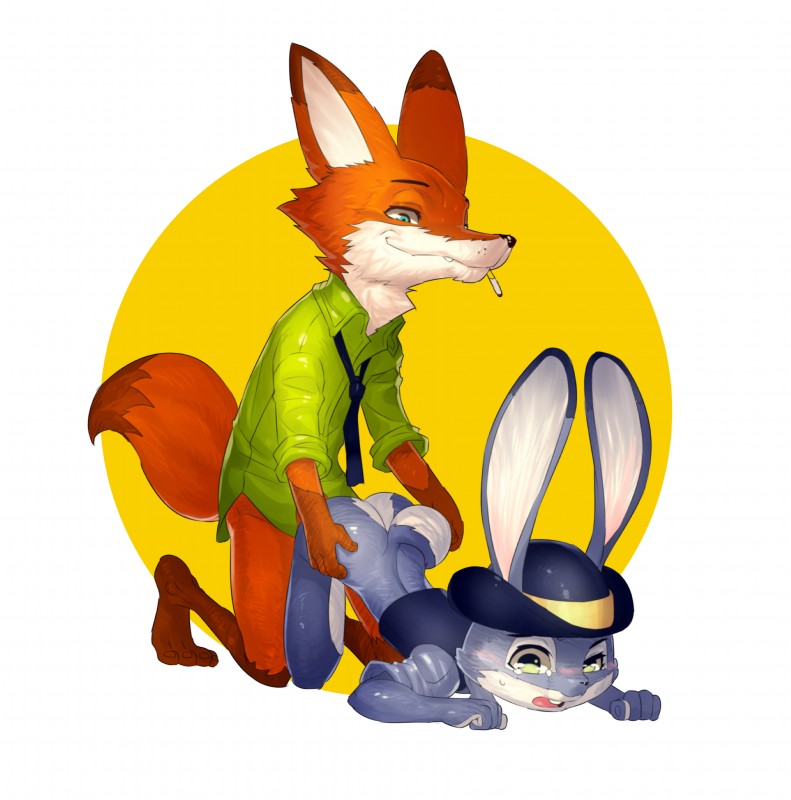 all_fours anthro blush bottomless butt clothed clothing doggystyle duo female from_behind_position fur green_eyes grey_body grey_fur interspecies long_ears male male/female sex uniform yellow_eyes celebrated_earl disney zootopia judy_hopps nick_wilde canid canine fox lagomorph leporid mammal rabbit red_fox true_fox absurd_res hi_res