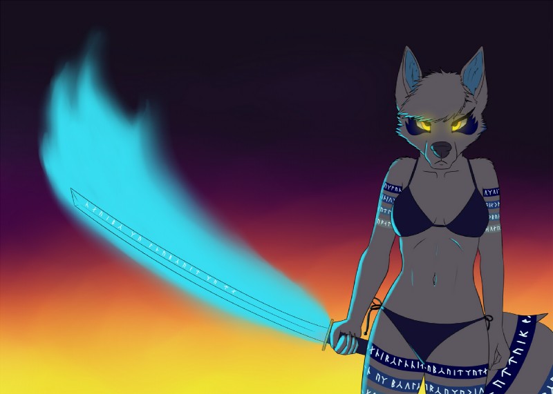 5_fingers angry anthro athletic athletic_anthro athletic_female bikini bra breasts chest_tuft clothed clothing female fingers fire front_view fur futhark glowing glowing_eyes glowing_tattoo holding_melee_weapon holding_object holding_sword holding_weapon katana looking_at_viewer magic_sword magic_weapon medium_breasts melee_weapon norse_runes panties runes skimpy small_breasts solo standing swimwear sword tattoo tuft two-piece_swimsuit underwear weapon white_body white_fur yellow_eyes an_ancient aira canid canine canis domestic_dog husky mammal nordic_sled_dog spitz wolf 2017