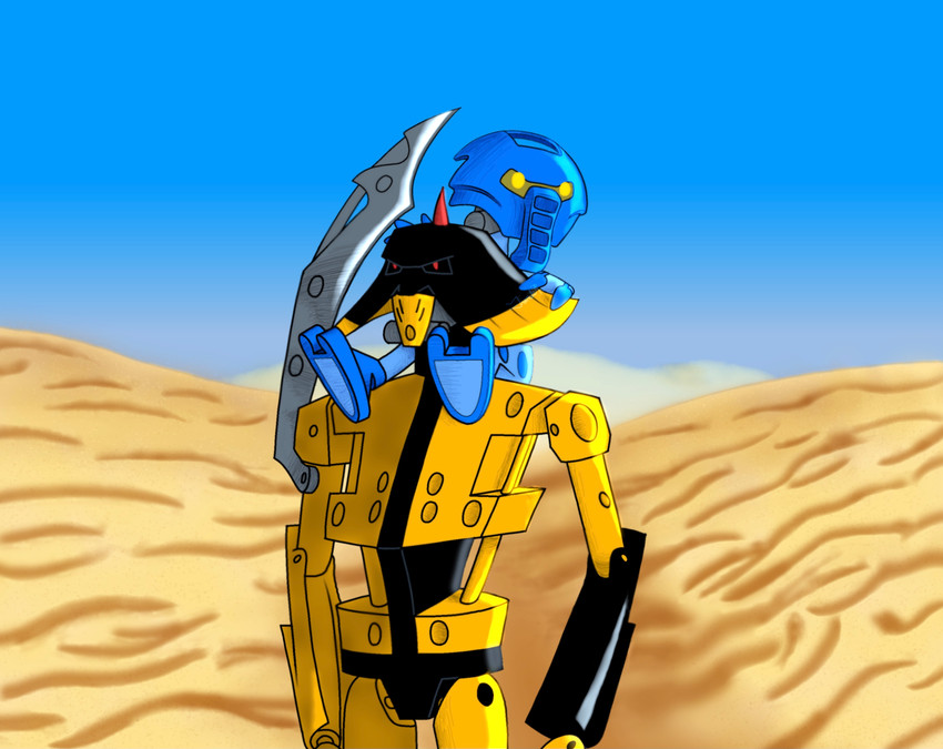 2_fingers ambiguous_gender armor black_body carrying_another carrying_partner desert duo fingers front_view machine male mask melee_weapon multicolored_body not_furry on_shoulders outside red_eyes sand shoulder_ride simple_background size_difference sky spikes spikes_(anatomy) standing two_tone_body weapon weapon_on_shoulder yellow_body yellow_eyes trande01 bionicle lego hewkii macku humanoid living_machine matoran robot toa 2021 digital_drawing_(artwork) digital_media_(artwork) hi_res