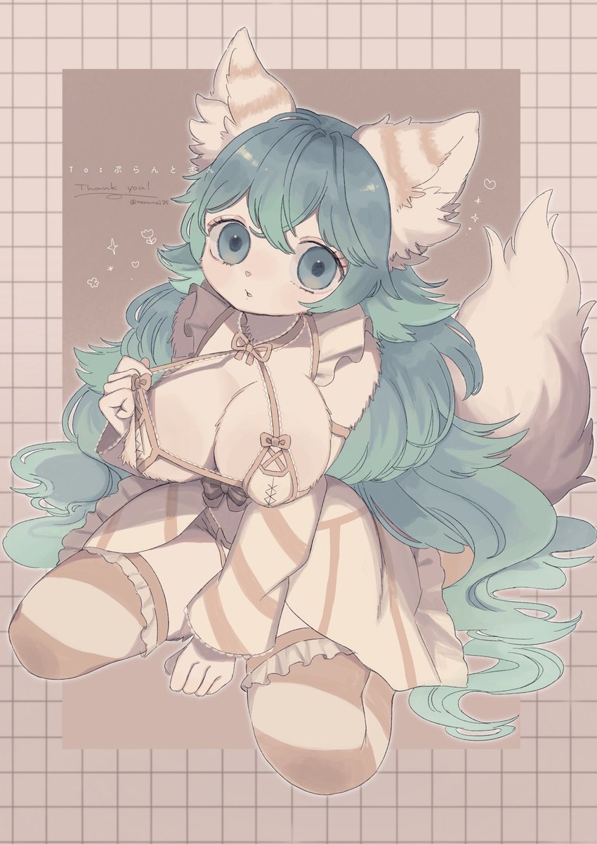 abstract_background anthro big_breasts bow_ribbon breasts clothed clothing eyelashes featureless_breasts female female_anthro fluffy fluffy_tail fur geometric_background grid_background hair hand_between_legs inner_ear_fluff kemono kneeling long_hair looking_at_viewer pattern_background pulling_bra simple_background solo striped_ears tail tuft nonomai25 felid feline mammal hi_res