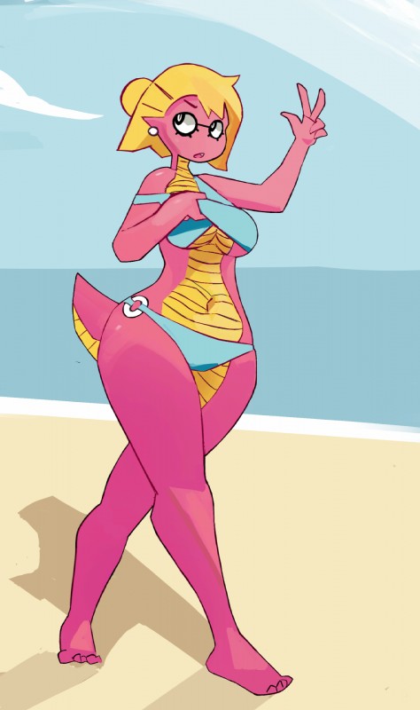 adjusting_bra adjusting_clothing anthro beach belly_scales bikini blonde_hair breasts cleavage clothed clothing cloud curvy_figure detailed_background ear_piercing eyewear female front_view gem gesture glasses glistening hair hair_bun hand_gesture humanoid_pointy_ears lizard_tail midriff navel non-mammal_breasts o-ring o-ring_bikini o-ring_bikini_bottom o-ring_swimwear open_mouth outside pearl_(gem) piercing pink_body pink_scales pink_skin plantigrade pointy_ears sand scales sea seaside short_hair short_tail simple_background sky solo swimwear tail teeth thick_thighs two-piece_swimsuit under_boob v_sign voluptuous walking wardrobe_malfunction water wide_hips yellow_body yellow_scales nicodile scalie_schoolie sally_(scalie_schoolie) amphibian lungless_salamander salamander scalie spring_salamander 2016 hi_res