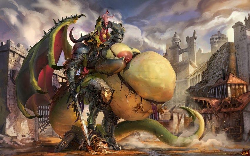 anthro areola armor belly big_areola big_belly big_breasts breasts broken_armor duo fangs fantasy female female/female female_pred flamberge green_body horn huge_areola huge_belly huge_breasts hyper hyper_belly hyper_breasts imminent_vore long_tail membrane_(anatomy) membranous_wings multiple_prey nipples skindentation soft_vore tail teeth text thick_tail thick_thighs tongue vore wings bigbig mythology dragon human mammal mythological_creature mythological_scalie scalie absurd_res detailed hi_res url