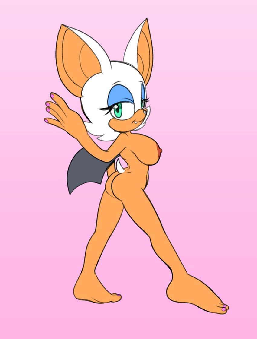 anthro big_breasts big_ears black_wings blue_eyeshadow breasts butt colored_nails eyelashes eyeshadow female fur green_eyes looking_at_viewer looking_back makeup nails nipples nude orange_body pink_nails solo spread_legs spreading strutting tail white_body white_fur white_tail wings fourssss sega sonic_the_hedgehog_(series) rouge_the_bat bat mammal 2024 hi_res