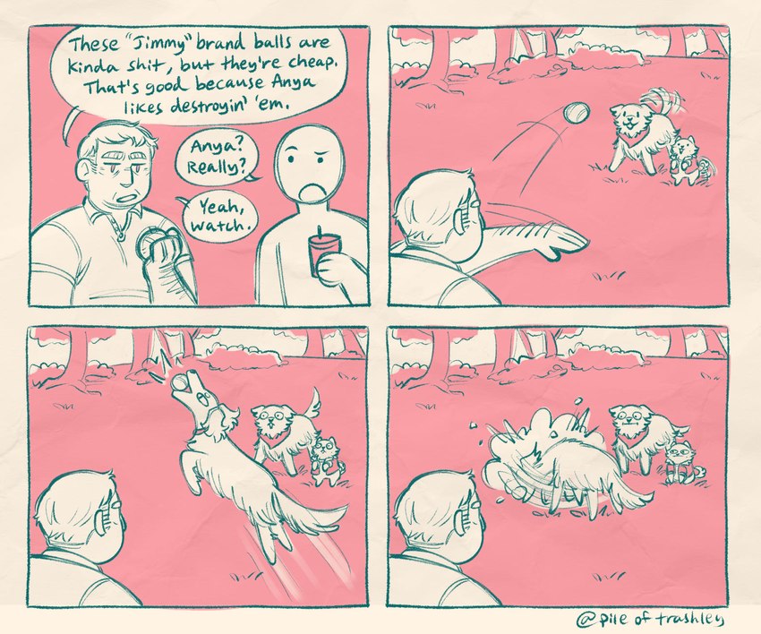 4_panel_comic ambiguous_gender ambiguous_humanoid arm_hair ball beverage body_hair button_(fastener) catching clothed clothed_feral clothed_human clothed_male clothing destruction dialogue dot_eyes drinking_straw eyebrows female female_feral feral feralized fluffy fluffy_ears fluffy_tail fur grass green_line_art green_nose group hair happy holding_ball holding_beverage holding_object holding_tennis_ball jumping kerchief looking_at_another male male_feral mature_human mature_male midair motion_lines name_drop name_in_dialogue neckerchief neckwear noselss on_hind_legs open_mouth outside pink_clothing pink_kerchief pink_neckerchief pink_shirt pink_topwear plant quadruped question_mark shirt short_hair shrub simple_eyes sitting speech_bubble tail tail_motion tailwag tennis_ball_in_mouth text thick_eyebrows thin_eyebrows topwear tossing tree white_body white_fur white_hair white_polo_shirt pile-of-trashley mouthwashing anya_(mouthwashing) curly_(mouthwashing) daisuke_(mouthwashing) swansea_(mouthwashing) afghan_hound bird_dog borzoi canid canine canis domestic_dog golden_retriever human humanoid hunting_dog hybrid mammal pomeranian retriever sighthound spitz 2024 artist_name colored_line_art comic digital_media_(artwork) english_text hi_res monochrome pink_and_white