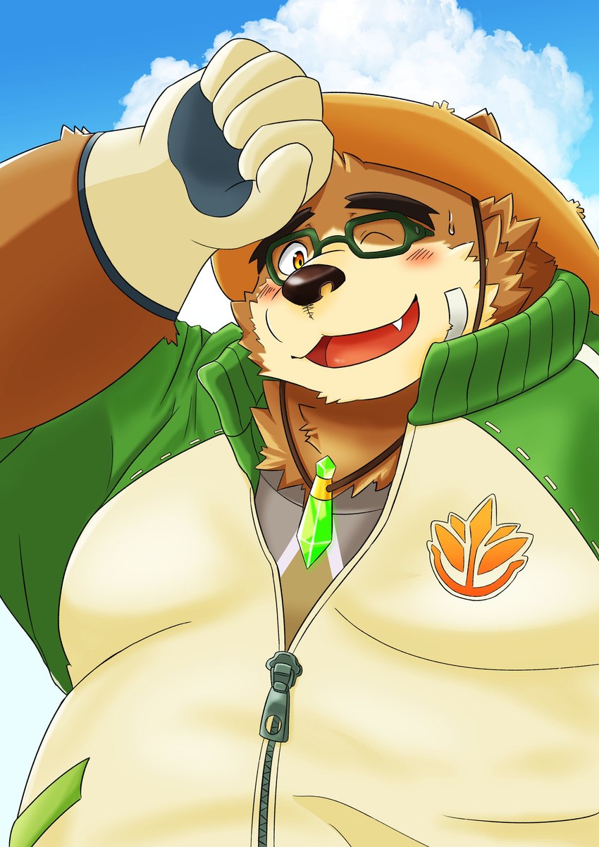 anthro blush bodily_fluids brown_body brown_fur clothing eyewear farmer fur glasses gloves handwear hat headgear headwear jacket male one_eye_closed overweight smile solo straw_hat sweat topwear wink wiping_forehead jinastray lifewonders tokyo_afterschool_summoners volos_(tas) bear mammal absurd_res bust_portrait hi_res portrait