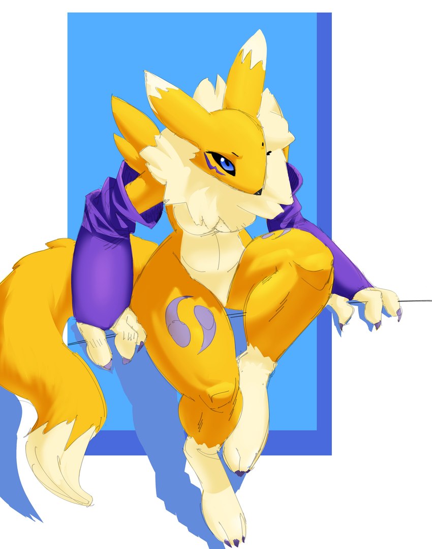 anthro armwear armwear_only blue_eyes breasts bridal_gauntlets bridal_gauntlets_only clothing dipstick_tail female fur leg_markings markings mostly_nude neck_tuft socks_(marking) solo tail tail_markings tuft wide_hips yellow_body yellow_fur banne bandai_namco digimon canid digimon_(species) mammal renamon absurd_res hi_res