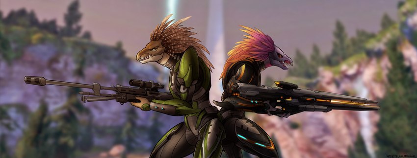 3_fingers armor back_to_back beak binary_rifle bipod brown_feather_hair cuisse duo fangs feather_hair feathered_crest feathers female fingers green_armor grey_body grey_skin gun halo_(device) head_crest holding_gun holding_object holding_ranged_weapon holding_rifle holding_weapon mottled mottled_body mottled_feathers muzzle_brake outside pink_feather_hair pseudo_hair pupils ranged_weapon red_body red_skin rifle scope screencap screencap_background slit_pupils sniper_rifle spaulder tan_body tan_skin teeth tongue vambrace weapon yellow_eyes interstellarmachine halo_(series) microsoft xbox_game_studios cor_zan alien avian kig-yar scalie t'vaoan hi_res