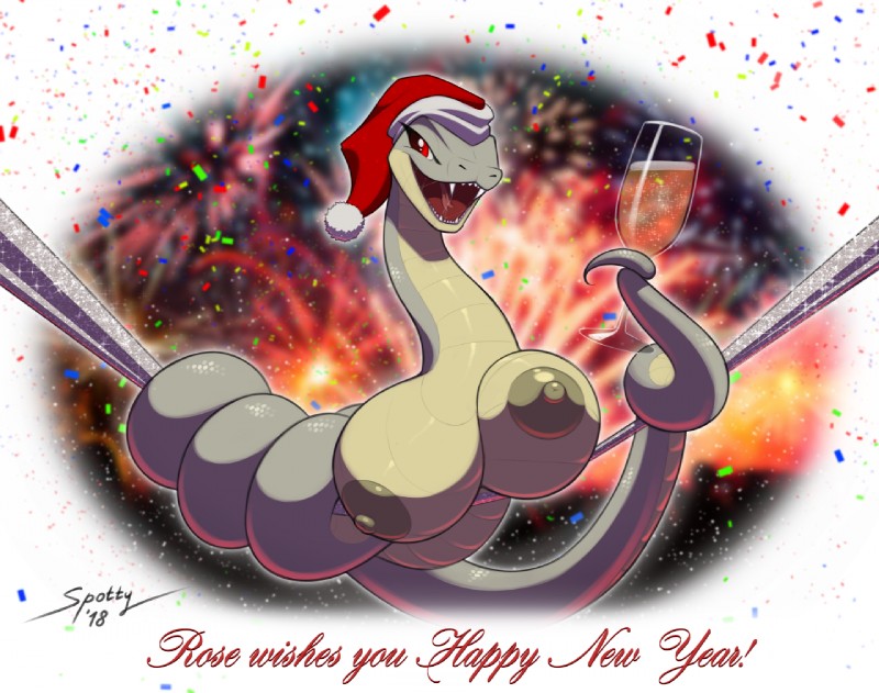 alcohol beverage big_breasts breasts busty_feral champagne christmas_clothing christmas_headwear clothing confetti female feral fireworks hat headgear headwear holidays legless looking_at_viewer non-mammal_breasts santa_hat solo spotty_the_cheetah christmas rose_(spotty_the_cheetah) reptile scalie snake 2018 dated signature