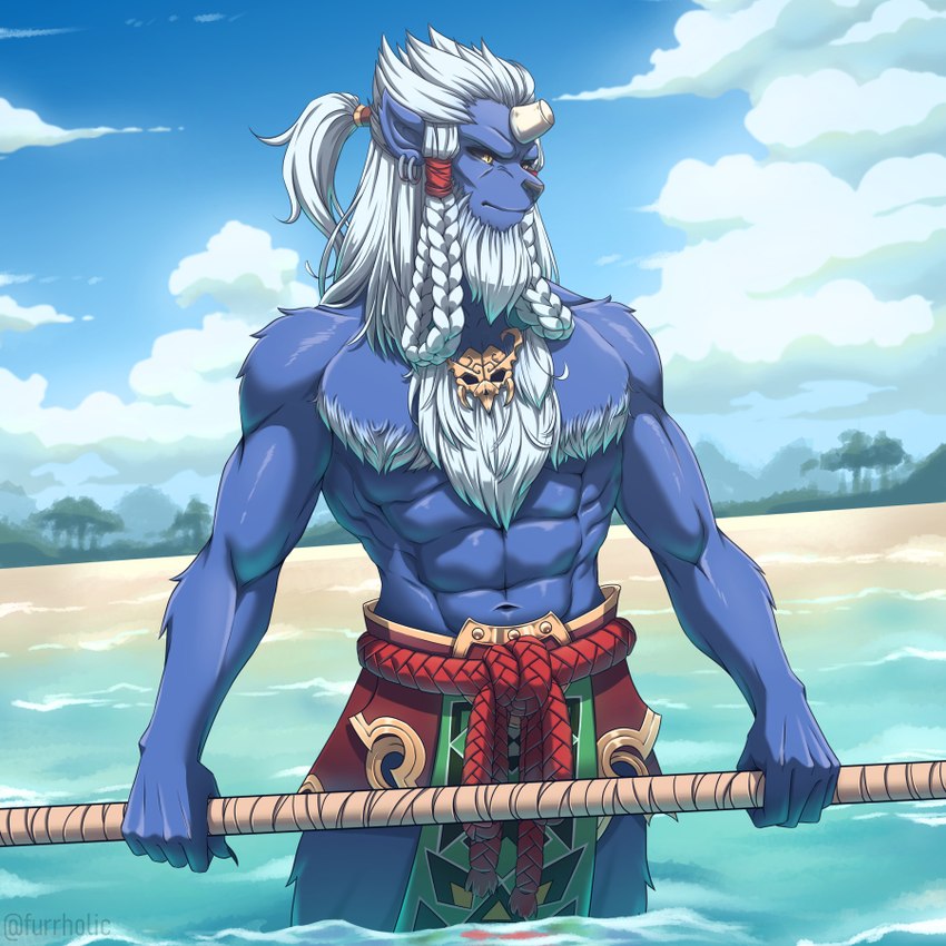 anthro beach blue_body clothing fur hair half_naked half_ponytail horn male sea solo water white_body white_fur white_hair yellow_eyes furrholic final_fantasy final_fantasy_x square_enix kimahri felid mammal ronso 1:1