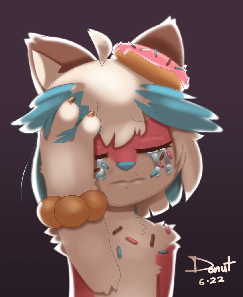 big_tail bodily_fluids crying dessert doughnut femboy food fur hair pastry pawpads paws pink_body pink_fur tail tears vent_art white_hair misterdonut donut_(misterdonut) canid canine canis domestic_dog food_creature mammal sprinkledog