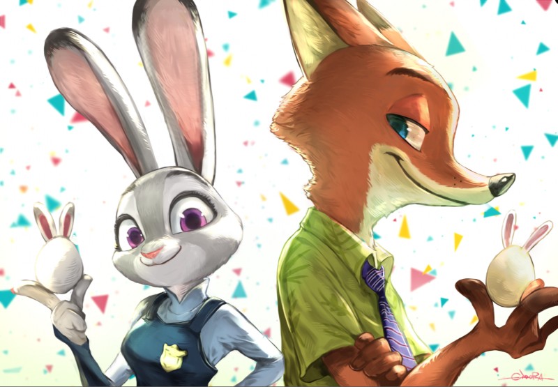 abstract_background anthro blue_eyes clothed clothing dipstick_ears duo ear_markings fur grey_body grey_fur holding_object inner_ear_fluff looking_at_viewer multicolored_ears necktie orange_body orange_fur police police_uniform purple_eyes shirt smile topwear tuft uniform gidora_(artist) disney zootopia judy_hopps nick_wilde canid canine fox lagomorph leporid mammal rabbit red_fox true_fox