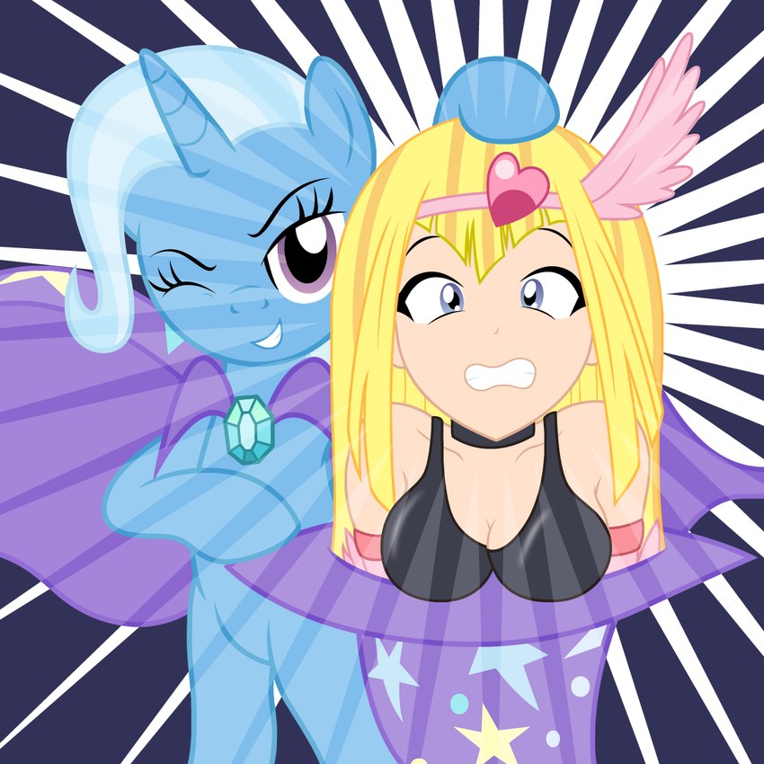 abstract_background accessory biped cape clenched_teeth clothing crown duo female grin hair_accessory hat headgear headwear horn jewelry magic_trick one_eye_closed scared smile surprised teeth tiara wink badumsquish friendship_is_magic hasbro my_little_pony mythology yu-gi-oh! harpie_girl trixie_(mlp) duel_monster earth_pony equid equine horse mammal monster mythological_creature mythological_equine pony unicorn 1:1 hi_res