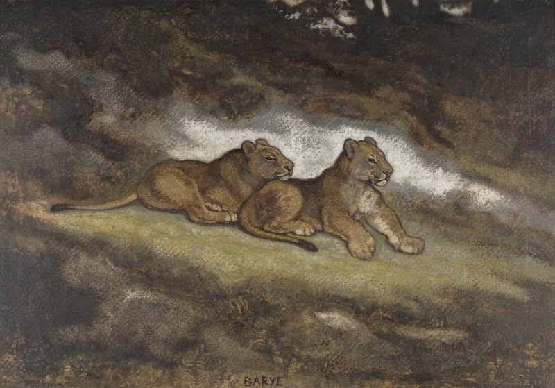 ambiguous_gender duo feral looking_away lying nude on_front paws quadruped young young_feral antoine-louis_barye license_info public_domain felid lion mammal pantherine 19th_century ancient_art formal_art hi_res painting_(artwork) traditional_media_(artwork) watercolor_(artwork)