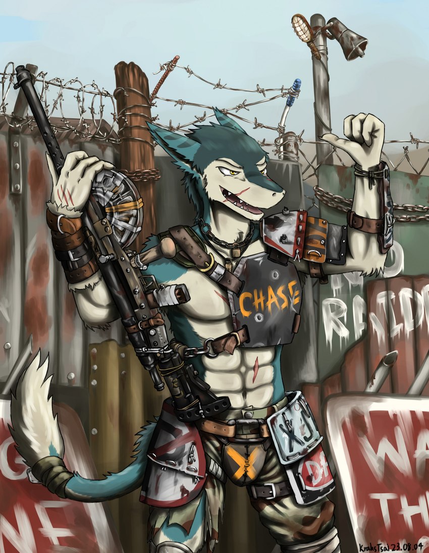 abs anthro armor chauchat clothed clothing detailed_background gun male post-apocalyptic ranged_weapon scar solo standing tail text weapon krahs_tsai chase_(krahs_tsai) sergal english_text hi_res