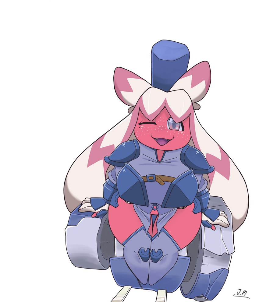 anthro armor breasts clothed clothing female freckles hammer looking_at_viewer looking_up one_eye_closed open_mouth pink_body pink_eyes short_stack simple_background sitting sitting_on_object solo tools white_freckles wink just_mae nintendo pokemon fan_character mithril_(solar_kosmo) generation_9_pokemon pokemon_(species) tinkaton 2022 absurd_res hi_res signature