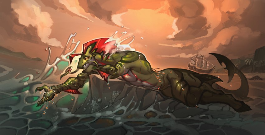 anthro male muscular muscular_anthro muscular_male sea solo tail water theblackthorn mythology ryusui_(drakinhydra) dragon fish hybrid marine mythological_creature mythological_scalie salmon salmonid_(fish) scalie hi_res
