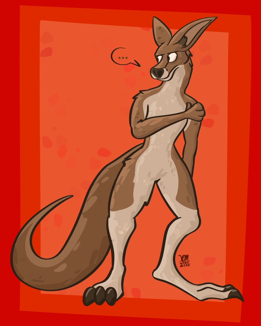 anthro big_claws big_ears big_nose big_tail claws digitigrade hand_on_shoulder looking_aside male nude nude_anthro nude_male side_eye simple_background solo speech_bubble standing tail toe_claws worried vike_mike kangaroo macropod mammal marsupial 4:5 digital_drawing_(artwork) digital_media_(artwork) hi_res