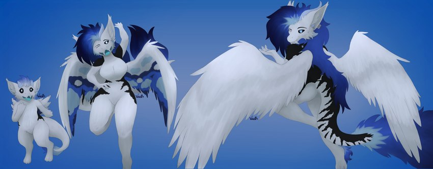 anthro blue_background evolution evolution_(transformation) evolving feathers female fur hair horn markings simple_background solo stripes transformation wings voirath absurd_res hi_res