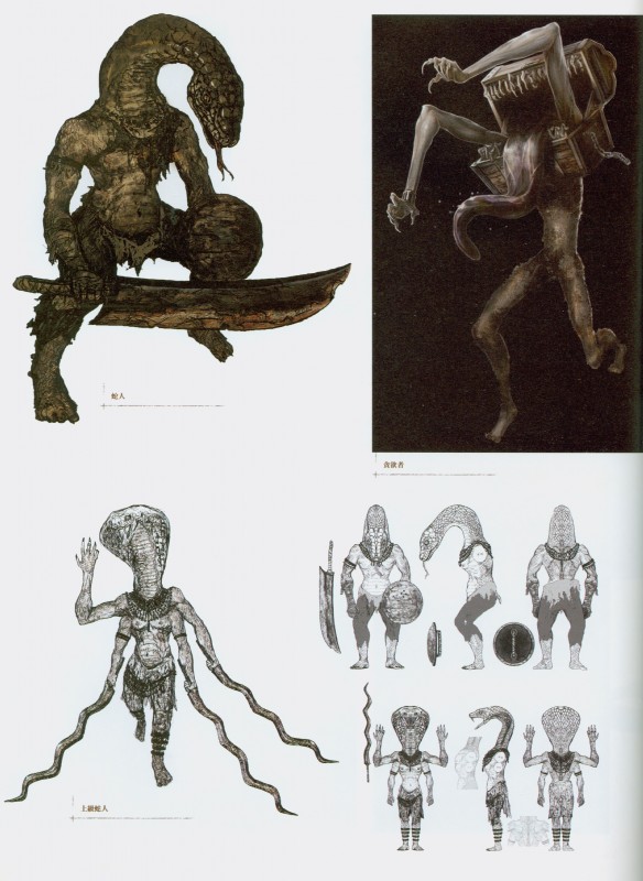 ambiguous_gender bottomwear clothed clothing for_a_head melee_weapon multi_arm multi_limb nude open_mouth pants shield simple_background solo sword tongue topless weapon white_background unknown_artist dark_souls fromsoftware animal_head animal_humanoid animate_inanimate humanoid manserpent mimic monster object_head reptile scalie serpent_mage snake absurd_res hi_res multiple_images official_art