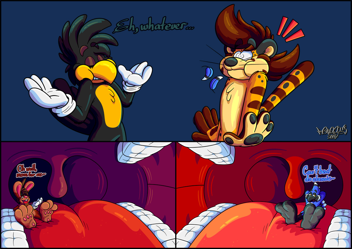 2_toes 3_toes 4_fingers anthro beak big_feet big_tongue cartoon_gloves cheek_bulge curling_toes feathers feet fingers group inside_mouth male male/male mawplay pawpads paws red_tongue sitting soft_vore soles surprised tail toes tongue toony uvula vore whiskers wide_tongue marquis2007 aj_(marquis2007) chase_(marquis2007) roderick_(tamerkoh) zak_(marquis2007) avian bird blue_jay cheetah corvid corvus_(genus) crow felid feline hybrid jay_(bird) lagomorph leporid mammal new_world_jay oscine pantherine passerine rabbit tiger absurd_res hi_res