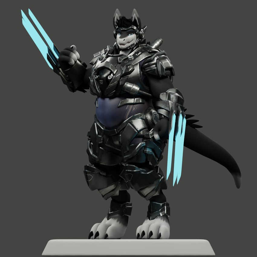 4_fingers 4_toes anthro armor beard blade blue_eyes claws energy_weapon exposed_belly facial_hair feet fingers fur grey_background grey_body grey_fur grinning_at_viewer looking_at_viewer machine male pedestal pose simple_background solo tail thick_tail toe_claws toes white_face_paint wide_shoulders the_tao_swordsman pral_(the_tao_swordsman) papagen 1:1 3d_(artwork) digital_media_(artwork) hi_res model_sheet