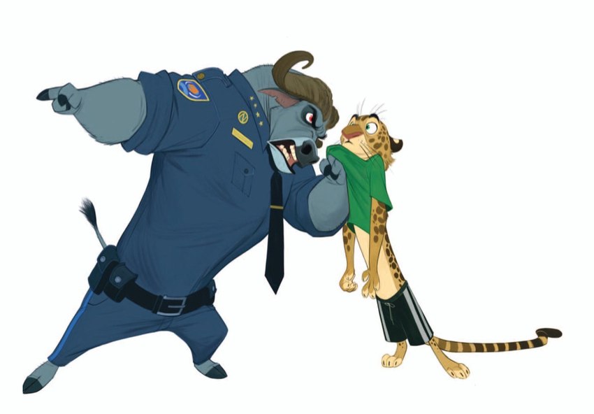 angry anthro barefoot belt belt_pouch blue_uniform bottomwear clothed clothing collar collar_grab collar_pull duo eye_contact feet fur gesture grabbing_collar green_eyes grey_body hand_gesture hooves horn looking_at_another male markings necktie pointing police police_officer police_uniform red_eyes shirt shirt_grab shorts simple_background spots spotted_body spotted_fur spotted_markings tail topwear uniform white_background cory_loftis disney zootopia chief_bogo bovid bovine felid leopard mammal pantherine true_buffalo water_buffalo concept_art official_art unavailable_at_source