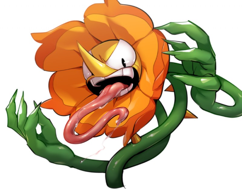 bodily_fluids flower long_tongue male open_mouth plant saliva simple_background solo spikes teeth tongue tongue_out sunoko24 cuphead_(game) cagney_carnation elemental_creature flora_fauna flower_creature 2019