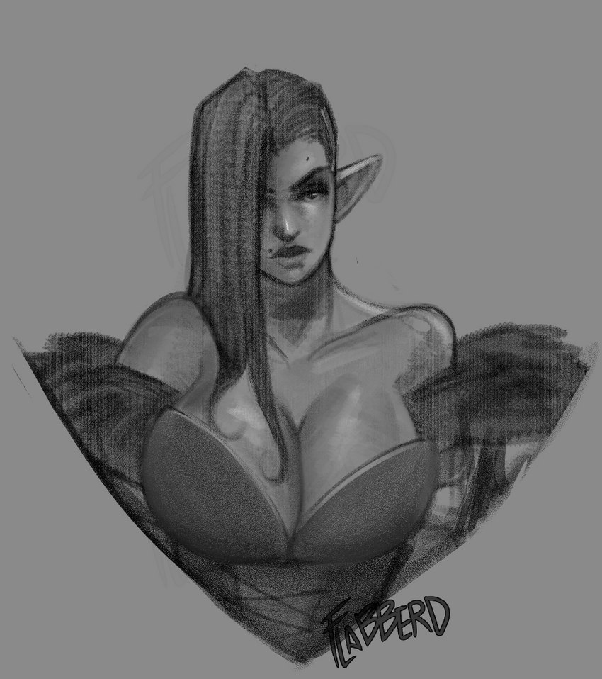 big_breasts breasts corset_dress covered_eye eyeshadow female hair humanoid_pointy_ears lipstick long_hair makeup markings mole_(marking) not_furry pointy_ears solo flabberd final_fantasy final_fantasy_xiv square_enix elezen elf humanoid monochrome sketch