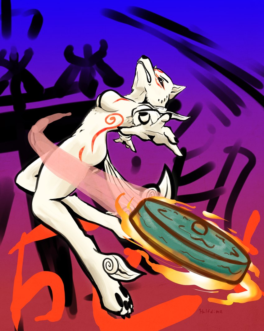 action_pose anthro big_breasts black_nose black_sclera breasts butt claws eyebrows eyelashes featureless_breasts female fingers fire fur leg_tuft midair nude pawpads pose red_stripes solo stripes tail tail_tuft teeth throwing_object toe_claws tuft weapon white_body white_fur half_dime capcom okami_(capcom) amaterasu_(okami) canid canine canis mammal wolf 4:5 absurd_res hi_res