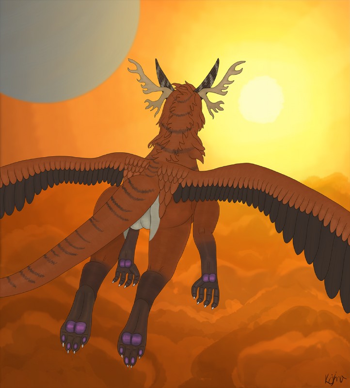 antlers balls black_body black_fur butt cloud detailed_background feathers feet feral fur genitals horn male orange_body orange_fur outside paws planet rear_view sky solo stripes sun sunset tail wings kojima_(artist) mythology tzerin dragon mythological_creature mythological_scalie scalie hi_res signature