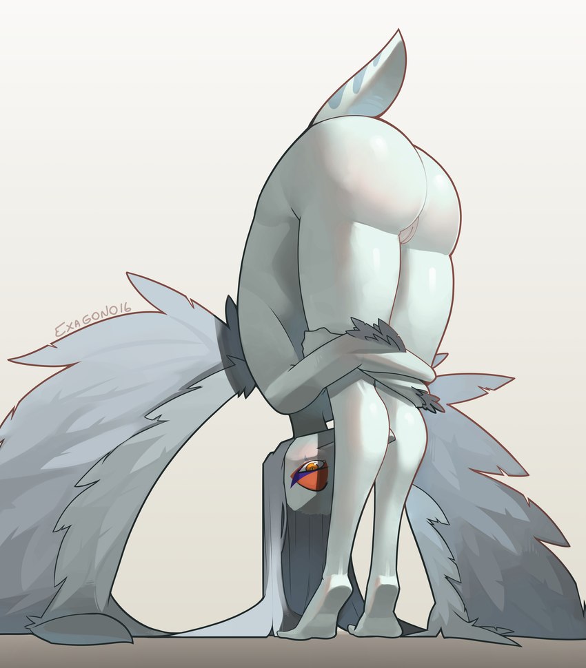 abstract_background amber_eyes anthro bent_over big_butt bubble_butt butt elbow_feathers eyeliner feathered_wings feathers female genitals grey_body grey_hair grey_scales hair long_hair looking_at_viewer makeup nude nude_anthro nude_female plump_labia pussy scales short_tail smile snout solo tail wings exagono16 cavemanon_studios goodbye_volcano_high praise_da_booty_(meme) snoot_game fang_(gvh) dinosaur prehistoric_species pterodactylus pterosaur reptile scalie 2024 absurd_res artist_name digital_drawing_(artwork) digital_media_(artwork) hi_res meme watermark