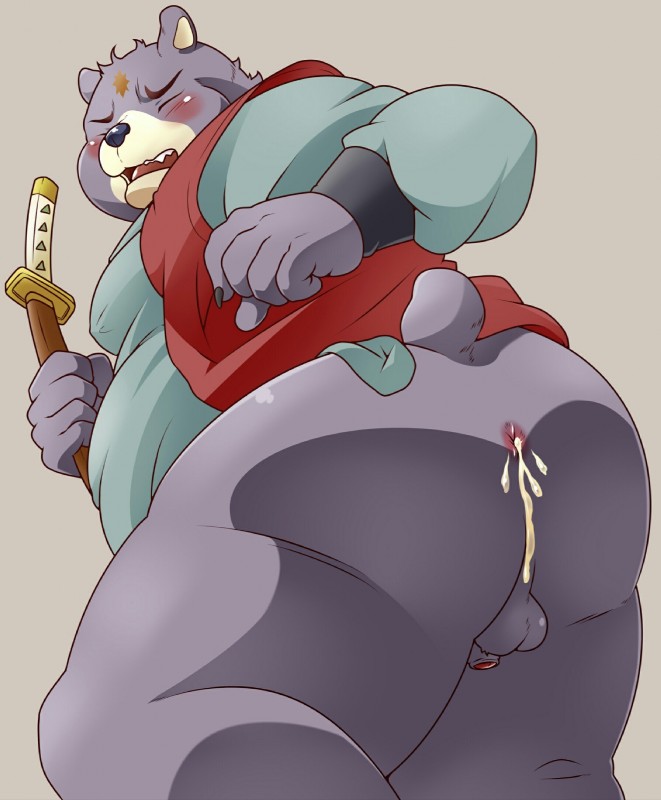 anthro balls belly blush bodily_fluids butt clothing cum eyes_closed flaccid fur genital_fluids genitals humanoid_hands male melee_weapon overweight overweight_anthro overweight_male penis purple_body purple_fur shirt simple_background solo sword topwear weapon pomupomu490 ninpen_manmaru nengasama bear mammal 2018 hi_res