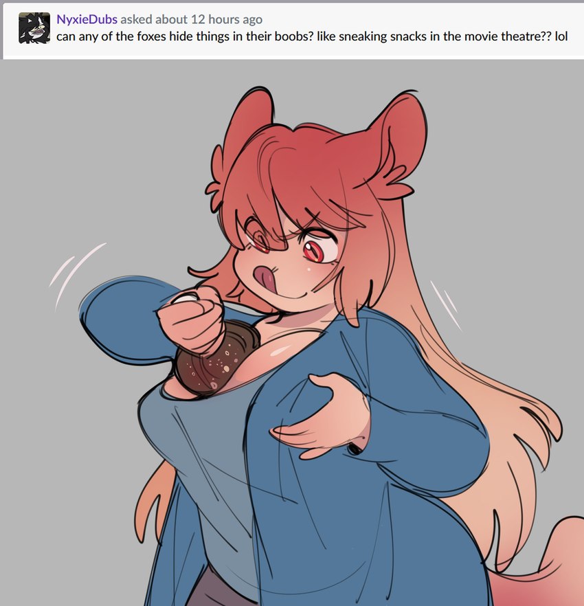 beverage breasts cleavage clothed clothing determined female hair holding_object humor item_in_cleavage pink_hair red_eyes soda soda_bottle solo text tongue tongue_out glacierclear foxtrot_(glacierclear) strawberry_(glacierclear) animal_humanoid canid canid_humanoid canine canine_humanoid fox_humanoid humanoid mammal mammal_humanoid 2022 absurd_res digital_media_(artwork) english_text hi_res