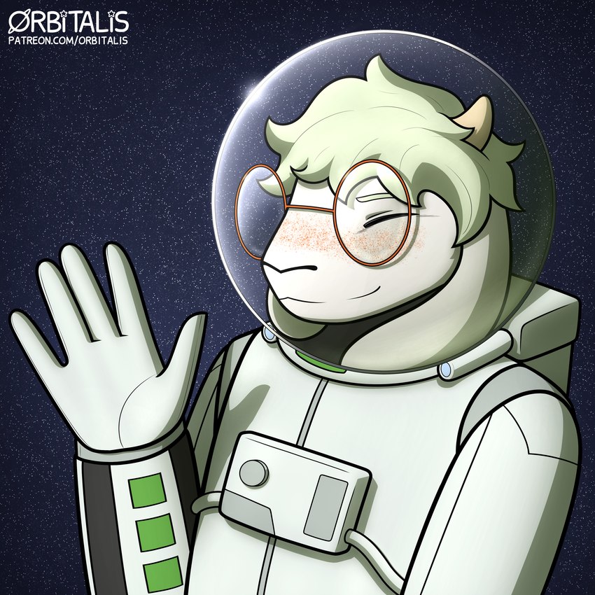 5_fingers anthro armor astronaut eyes_closed eyewear fingers freckles glasses green_hair greeting greeting_viewer hair headgear helmet horn long_ears male simple_background solo space star text orbitalis bovid caprine goat mammal 1:1 absurd_res hi_res url