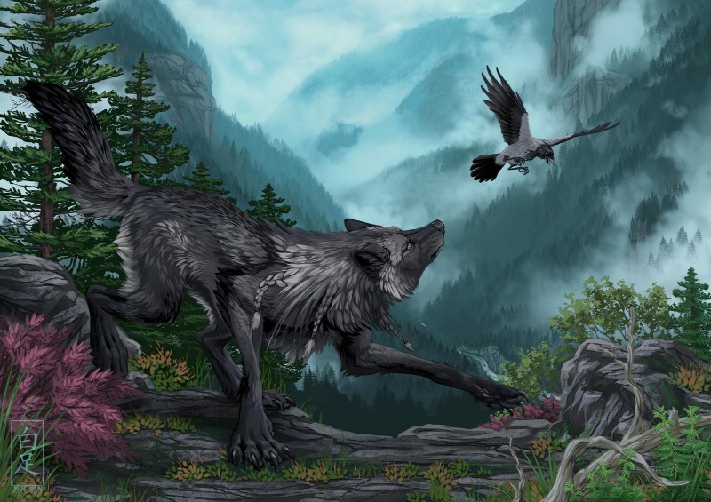 beak big_claws braided_hair claws creek day detailed_background duo ears_back evergreen_tree feathered_wings feathers feral flying fog forest fur grass grey_body grey_fur hair looking_up mane mountain outside pine_tree pivoted_ears plant quadruped raised_tail rock semi-anthro shrub tail tail_feathers tree wings shiroashi avian bird canid canine canis corvid corvus_(genus) crow hooded_crow mammal oscine passerine wolf cool_colors