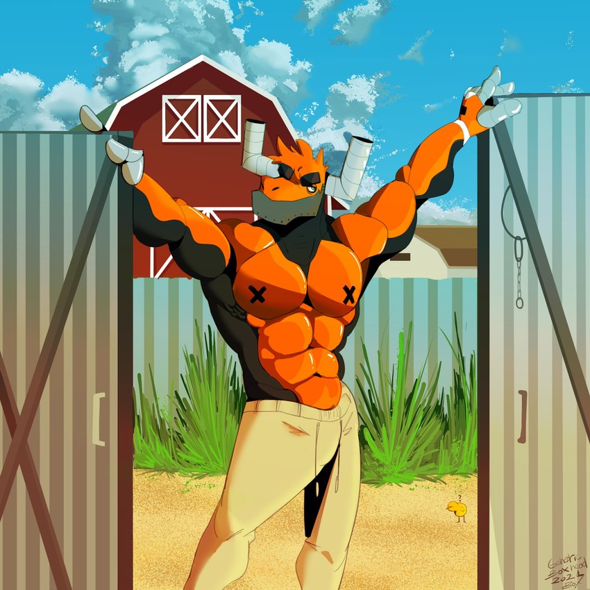 anthro barn bottomwear clothed clothing cloud machine male muscular muscular_anthro muscular_male nipples orange_body outside pants pecs sky solo topless genericboxhead bovid bovine cattle mammal robot 1:1 hi_res