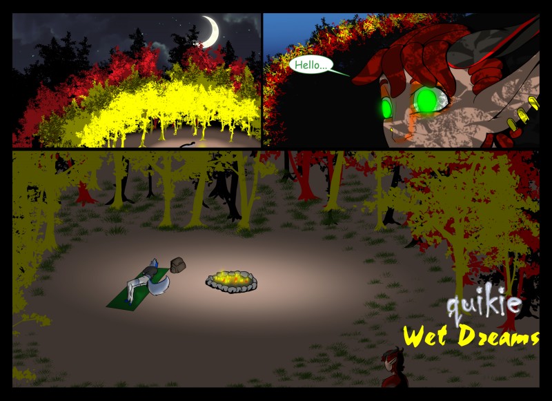 backpack campfire camping curious detailed_background ear_piercing facial_piercing fire forest glowing glowing_eyes green_eyes horn night nose_piercing outside piercing plant sleeping sneaky thief tree spicedevil taq wicket_(character) canid canine canis mammal nashitiri nashitiri-mo wolf absurd_res comic hi_res