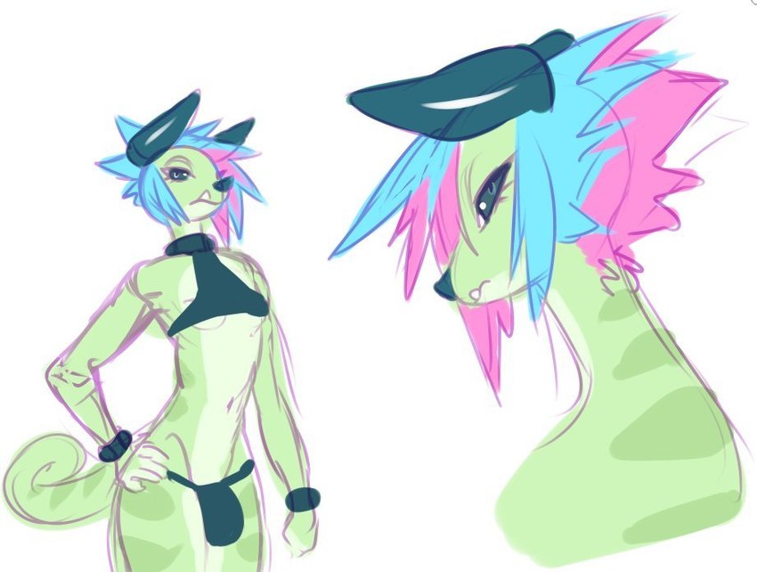 anthro armwear blue_hair bottomwear bulge clothing curled_tail green_body hair hand_on_hip horn male markings multicolored_hair navel pink_hair simple_background solo standing tail topwear white_background jijis-waifus grimbelle_(seel_kaiser) chameleon chimereon lizard reptile scalie multiple_images