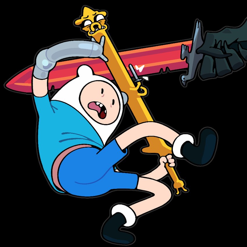 ambiguous_gender anthro battle bottomwear clothing group holding_melee_weapon holding_object holding_sword holding_weapon mechanical_arm melee_weapon open_mouth shirt shorts sword t-shirt teeth toony topwear trio weapon discount-supervillain adventure_time cartoon_network finn_the_human jake_the_dog animate_inanimate canid canine canis domestic_dog human living_melee_weapon living_sword living_weapon mammal 1:1