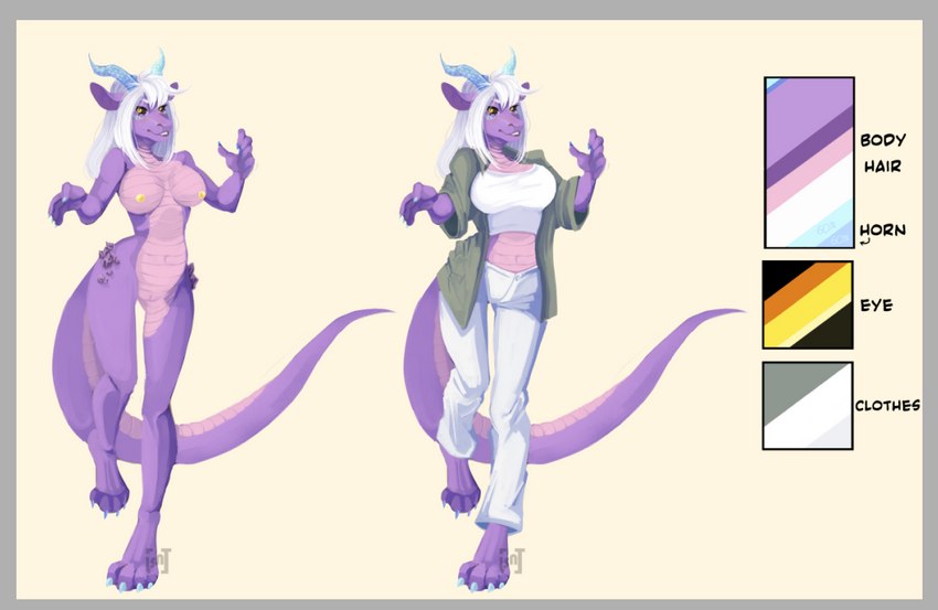 2_horns anthro areola big_breasts black_sclera border bottomwear breasts claws clothed clothing color_swatch crop_top female fully_clothed gem genitals grey_border hair horn jacket long_tail looking_at_viewer nipples nude opal_(gem) orange_eyes pants pink_body pink_scales purple_body purple_scales pussy scales shirt solo sugilite_(gem) tail teeth text topwear underbelly white_hair yellow_areola yellow_nipples lisonat mythology oliessa_gemhorn dragon mythological_creature mythological_scalie scalie wingless_dragon english_text